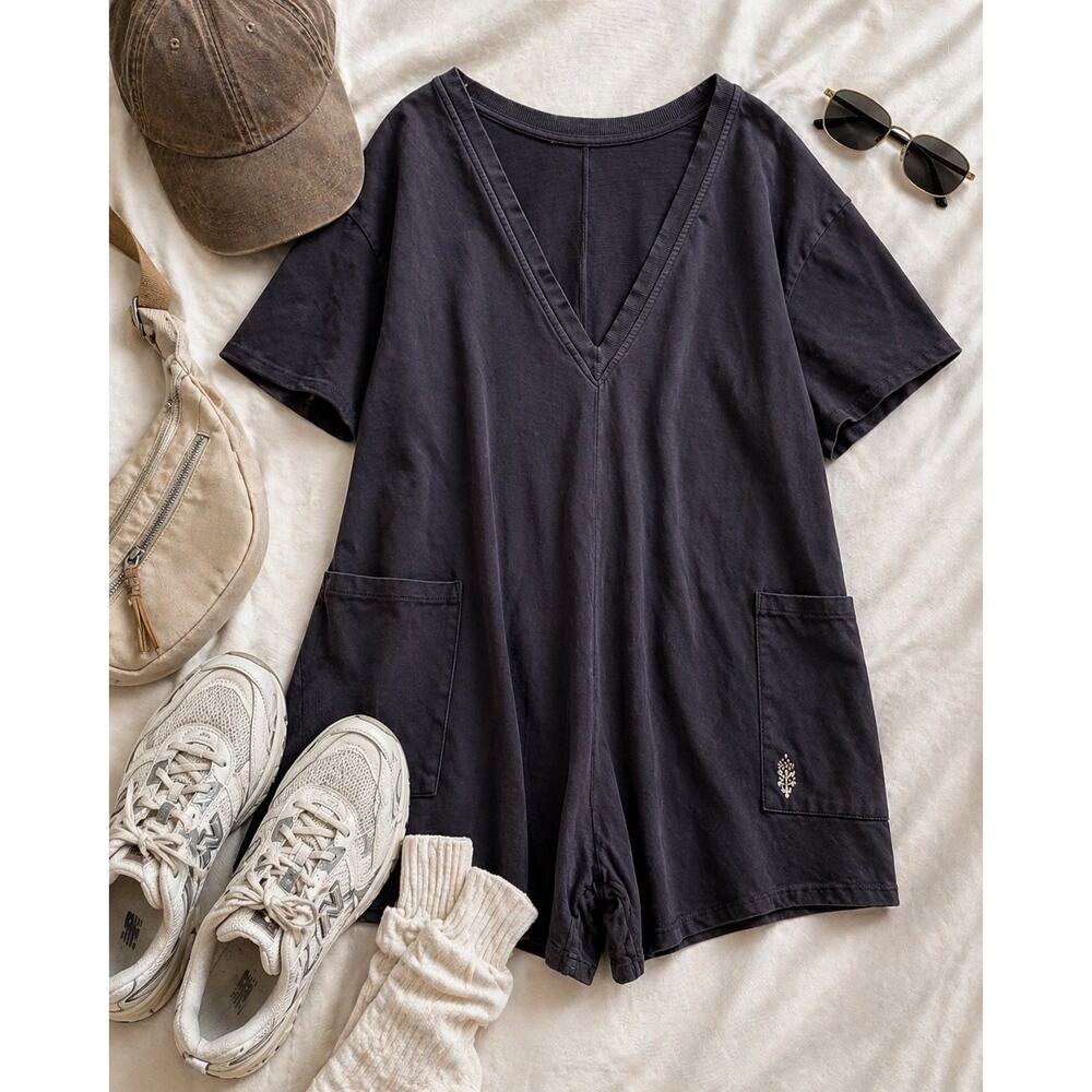 Free People Movement Hot Shot Romper Tee Charcoal Oversized Pocket Athleisure S